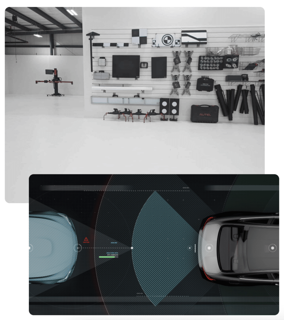 A split image of a PACE technician working on an SUV's front sensor along with a diagram of how it works.
